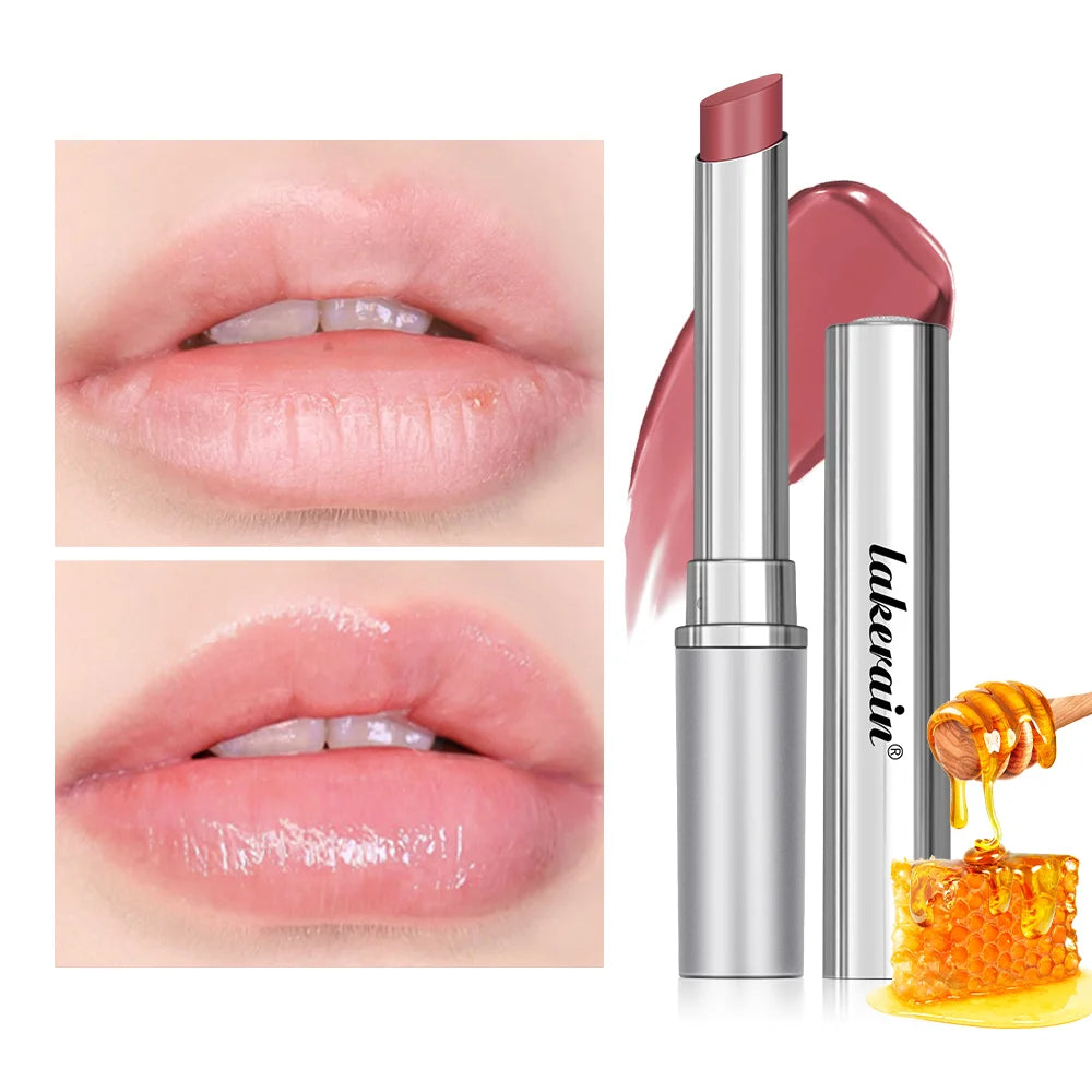 Long Lasting Moisturizing Lipstick showcasing before and after effects on lips with packaging and honey element.