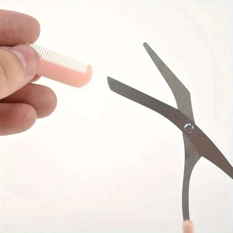 Eyebrow Trimming Scissors with Built-in Comb in hand, showcasing precision scissors and comb for eyebrow grooming.