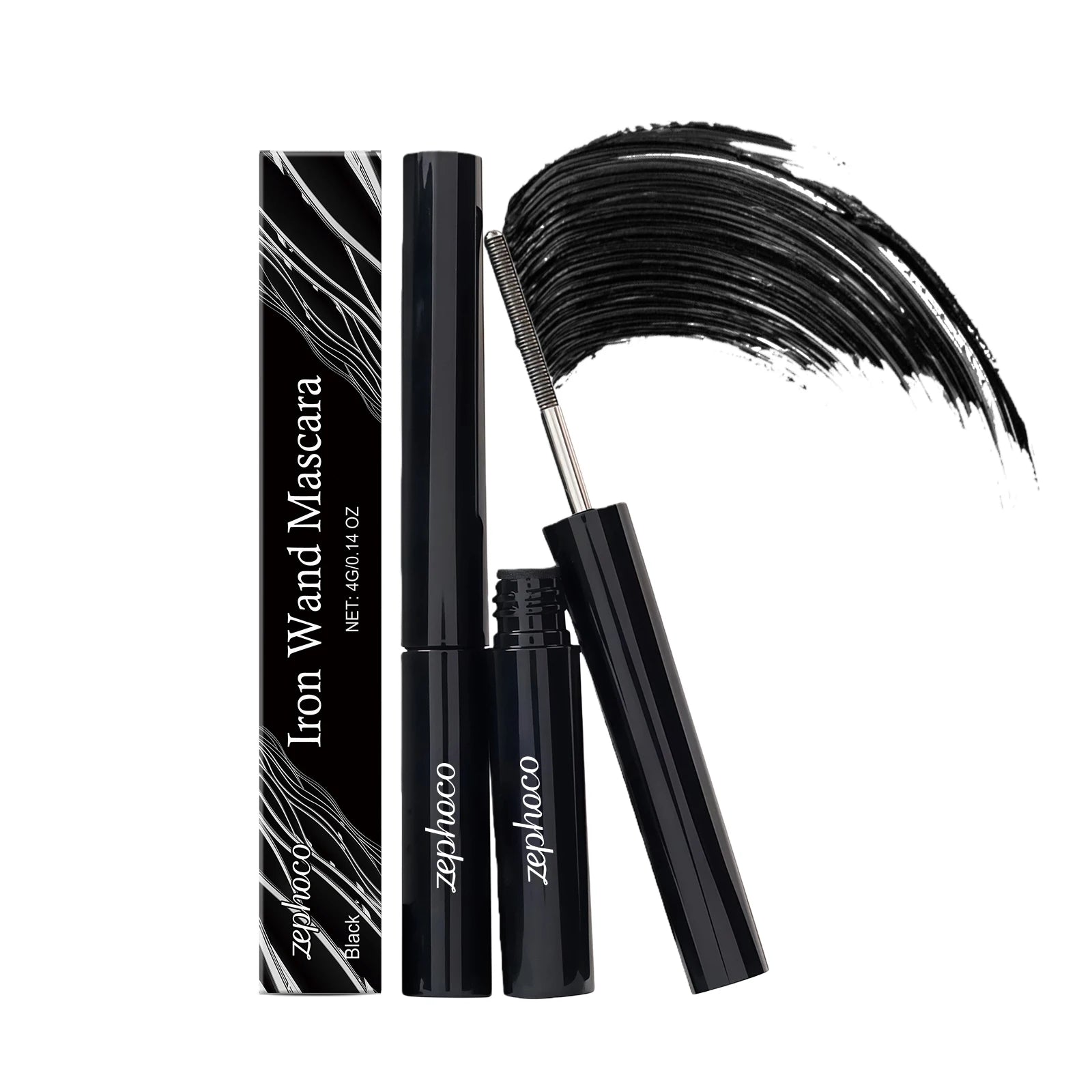 Blaire Iron Wand Lengthening & Curling Mascara with brush and product packaging in black.