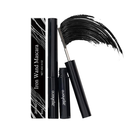 Blaire Iron Wand Lengthening & Curling Mascara with brush and product packaging in black.