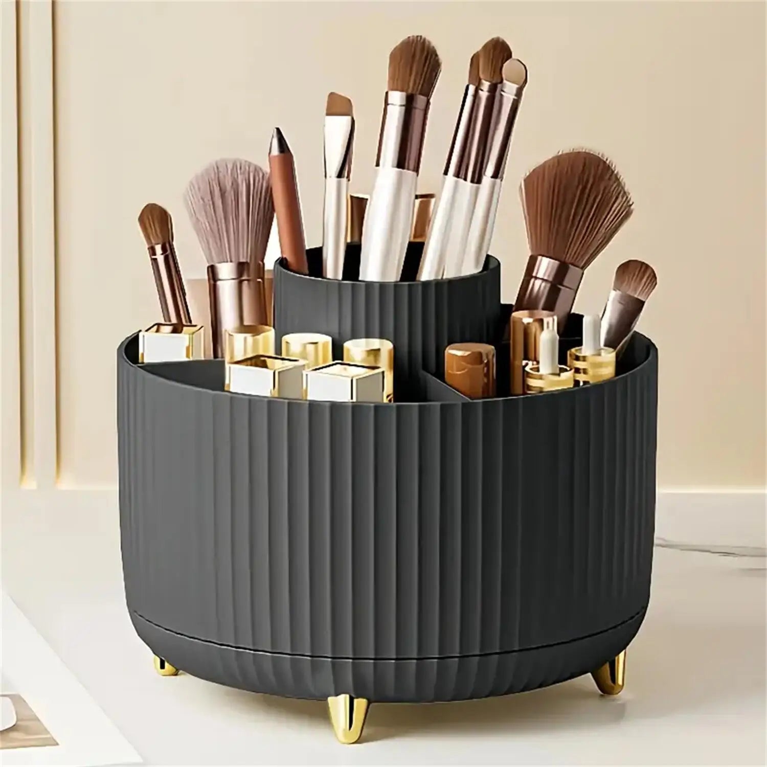 360 Rotating Makeup Storage Organizer filled with makeup brushes and beauty tools, neatly arranged for easy access.