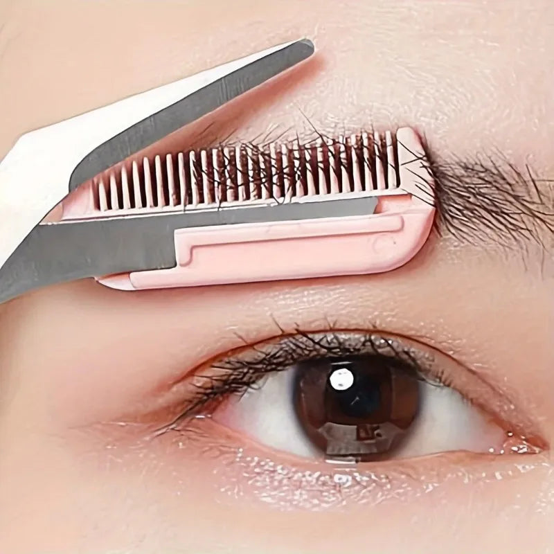 Eyebrow Trimming Scissors with Built-in Comb in action, trimming and shaping eyebrows with precision.