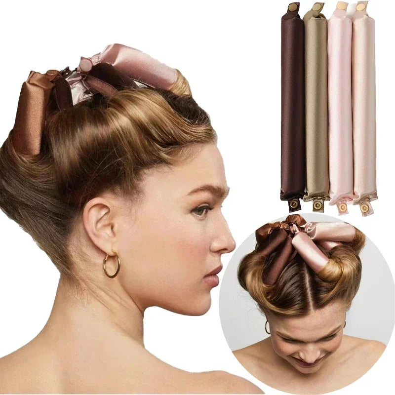 Heatless Hair Curler Curling Rod Headband in use for beautiful curls, showcasing multiple color options and styling convenience.