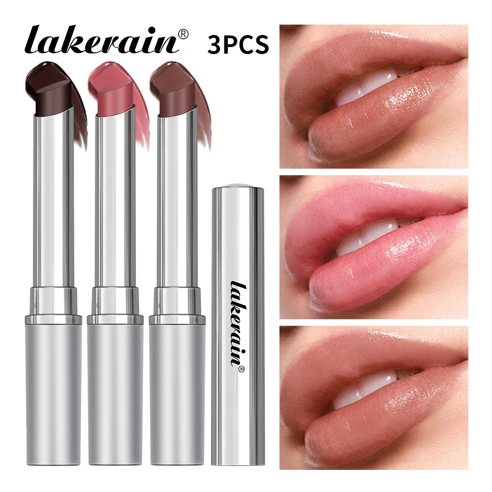 Long Lasting Moisturizing Lipstick in three shades displayed with glossy lips