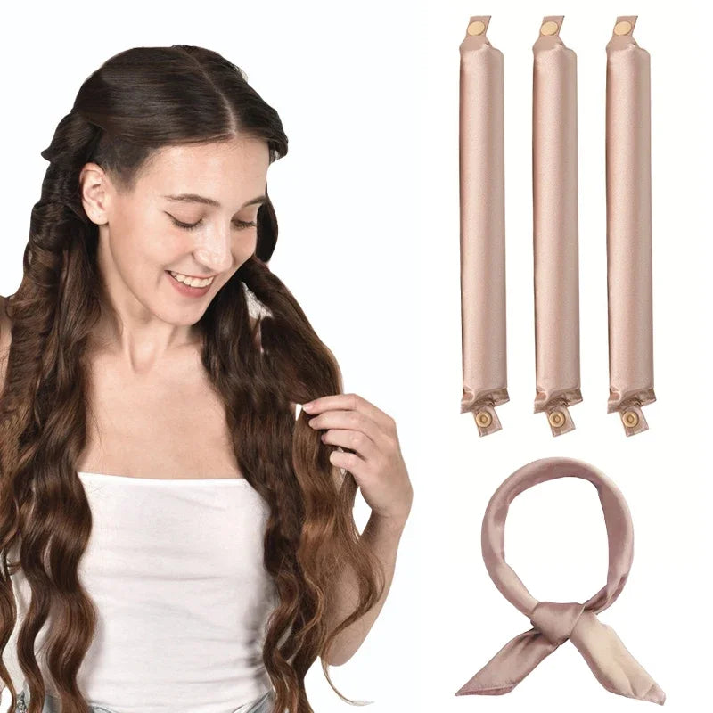 Heatless Hair Curler Curling Rod Headband set with three curling rods and a matching scarf, creating beautiful curls.
