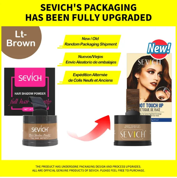 Sevich Hairline Repair Filling Powder packaging upgrade announcement with new design and color options in a bright display.