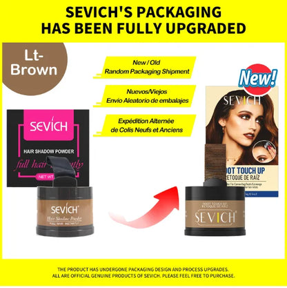 Sevich Hairline Repair Filling Powder packaging upgrade announcement with new design and color options in a bright display.
