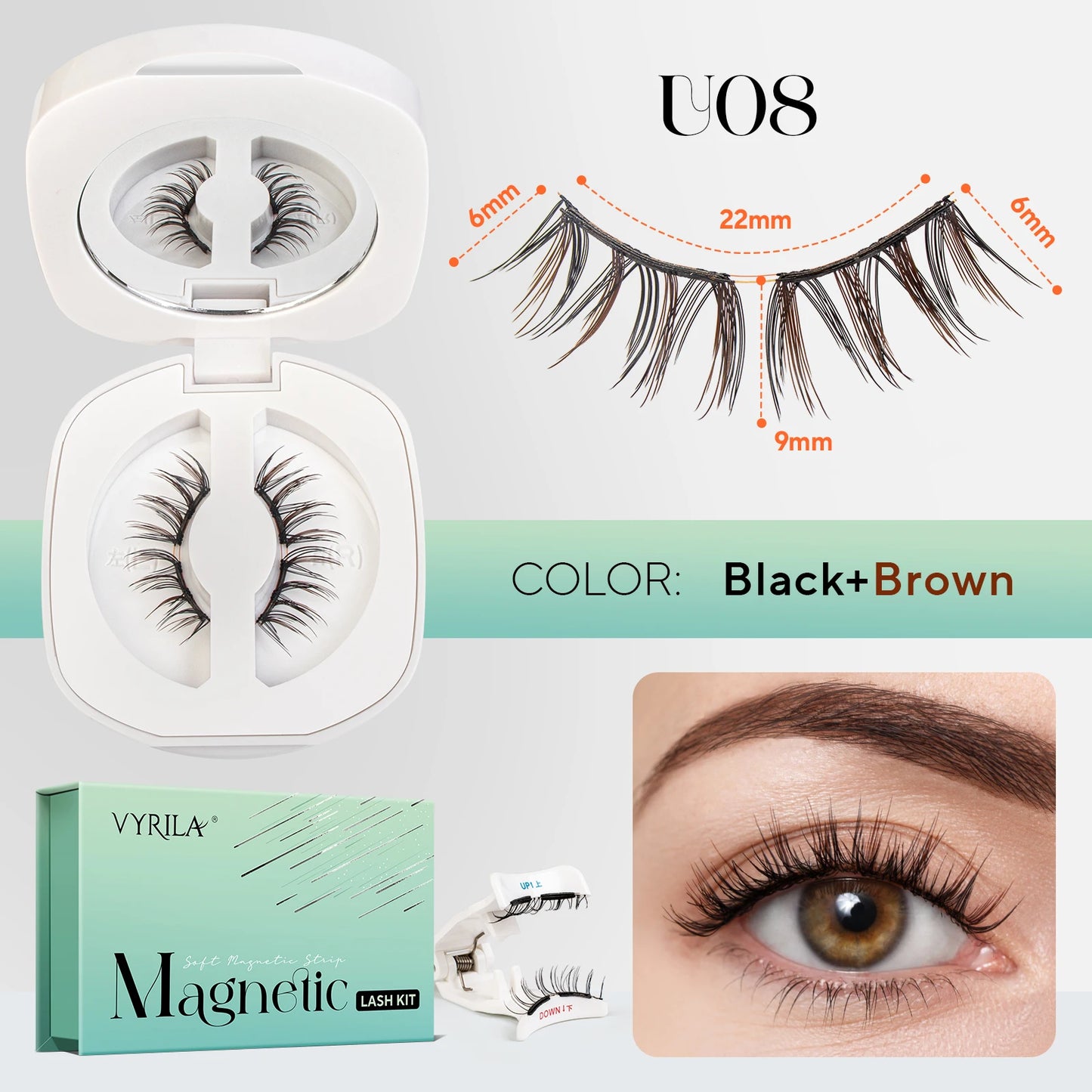 Magnetic Eyelashes Reusable Natural Look False Lashes in Black and Brown color with lash kit packaging.