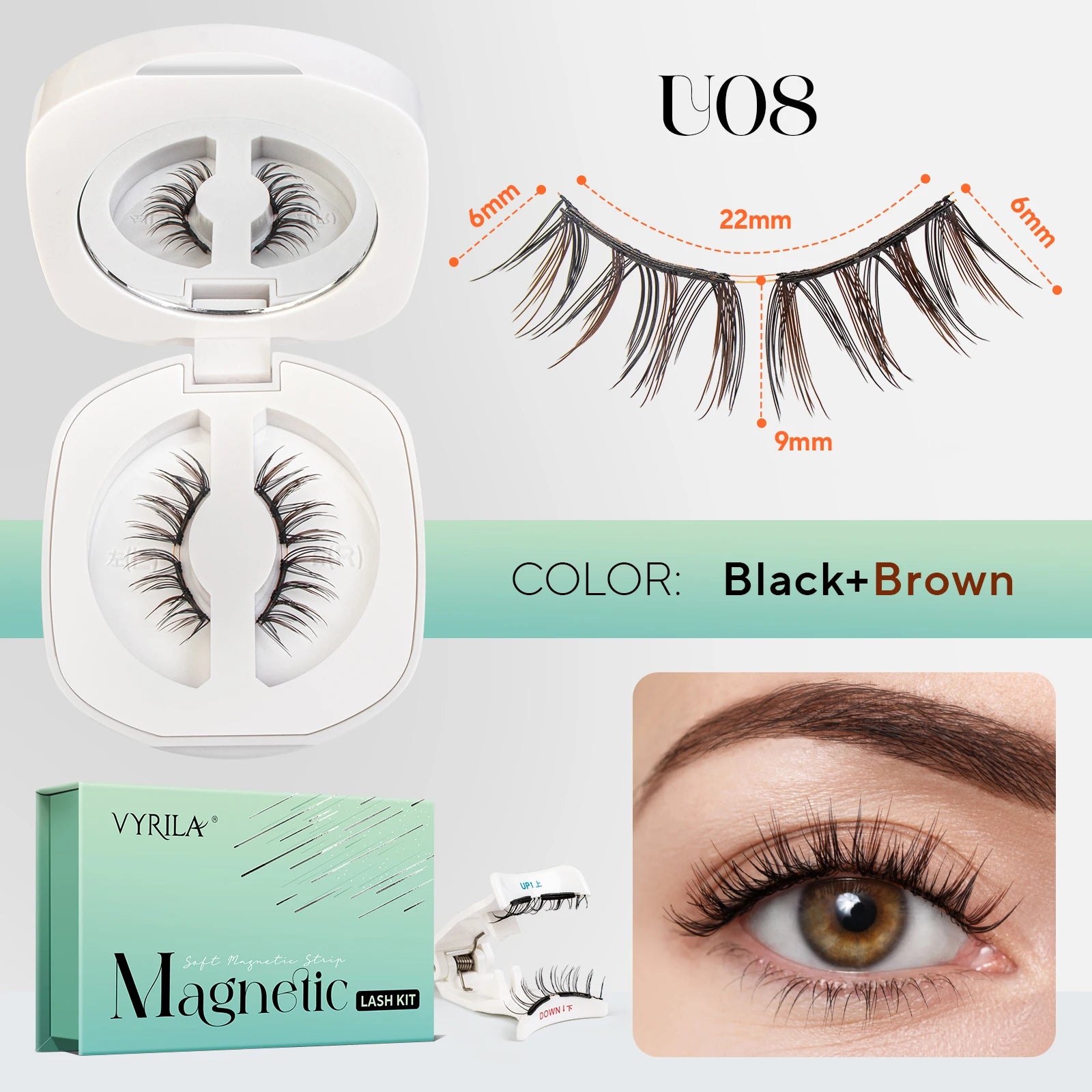Magnetic Eyelashes Reusable Natural Look False Lashes in Black and Brown color with lash kit packaging.