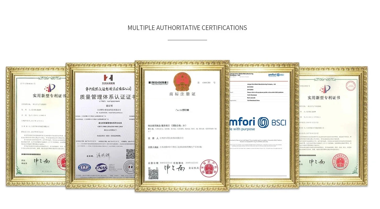 Multiple authoritative certifications displayed in gold frames, showcasing quality and compliance of the Rotary Mini Electric Smart Shaver.