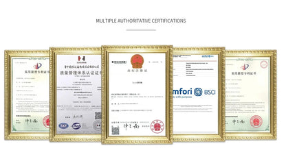 Multiple authoritative certifications displayed in gold frames, showcasing quality and compliance of the Rotary Mini Electric Smart Shaver.
