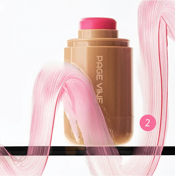 3-in-1 Cheek Lip Tinted Moistured Blush in a stick form with vibrant pink color swirled around.