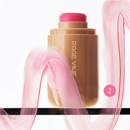 3-in-1 Cheek Lip Tinted Moistured Blush in a stick form with vibrant pink color swirled around.