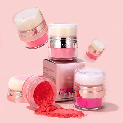 6 Color Air Cushion Blush Silky Smooth Matte Eye Shadow jars with soft applicators on a pink background.