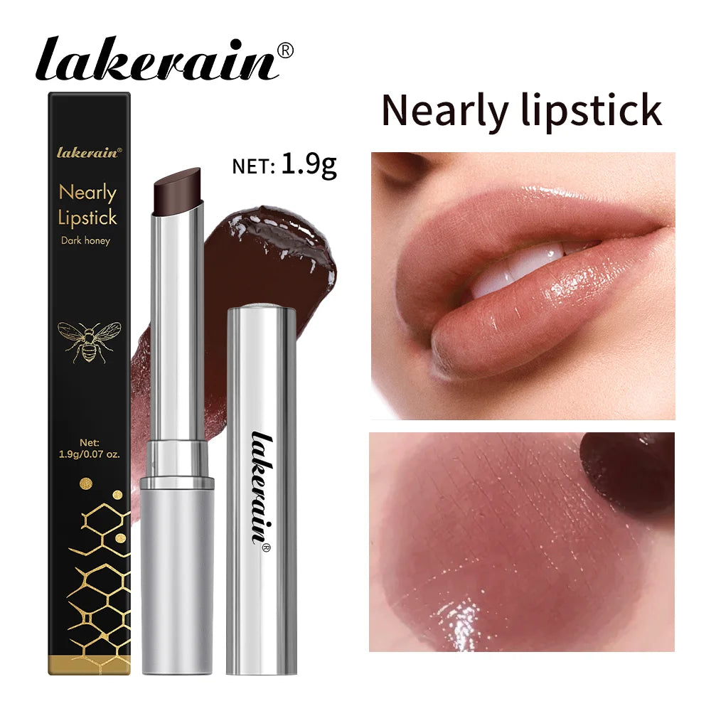 Long Lasting Moisturizing Lipstick in packaging with dark honey shade and swatches on lips for enhanced hydration.