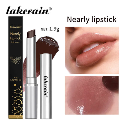 Long Lasting Moisturizing Lipstick in packaging with dark honey shade and swatches on lips for enhanced hydration.