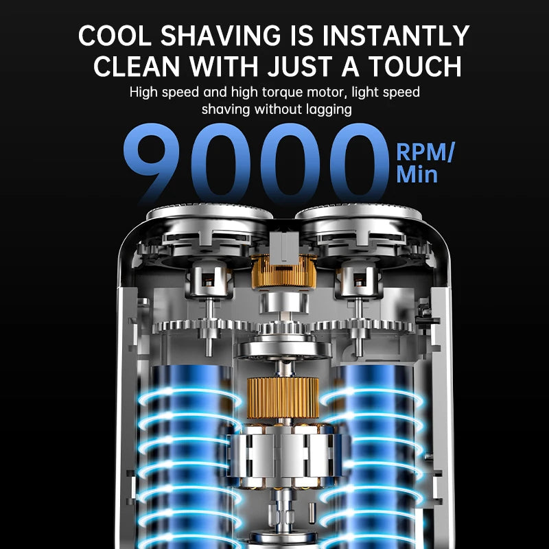 Cutaway view showcasing the high-speed motor of the Rotary Mini Electric Smart Shaver, delivering 9000 RPM for smooth shaving.