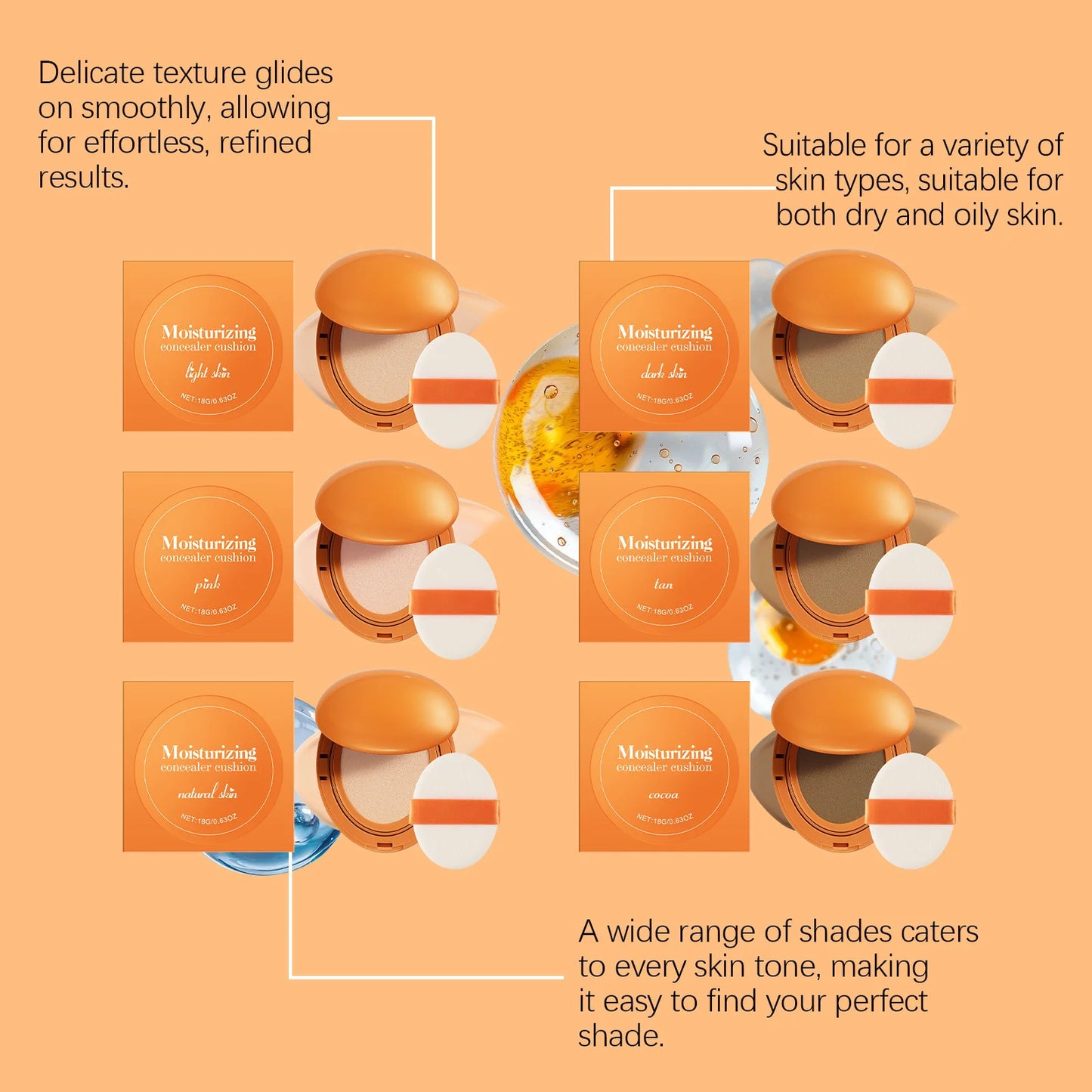 Lightweight Concealer Hydrating Liquid Foundation image showcasing various shades and textures for all skin types.