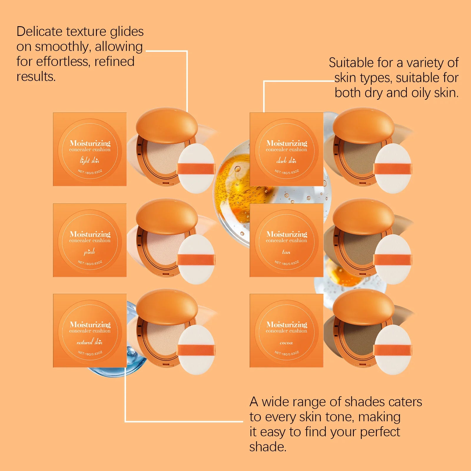 Lightweight Concealer Hydrating Liquid Foundation image showcasing various shades and textures for all skin types.