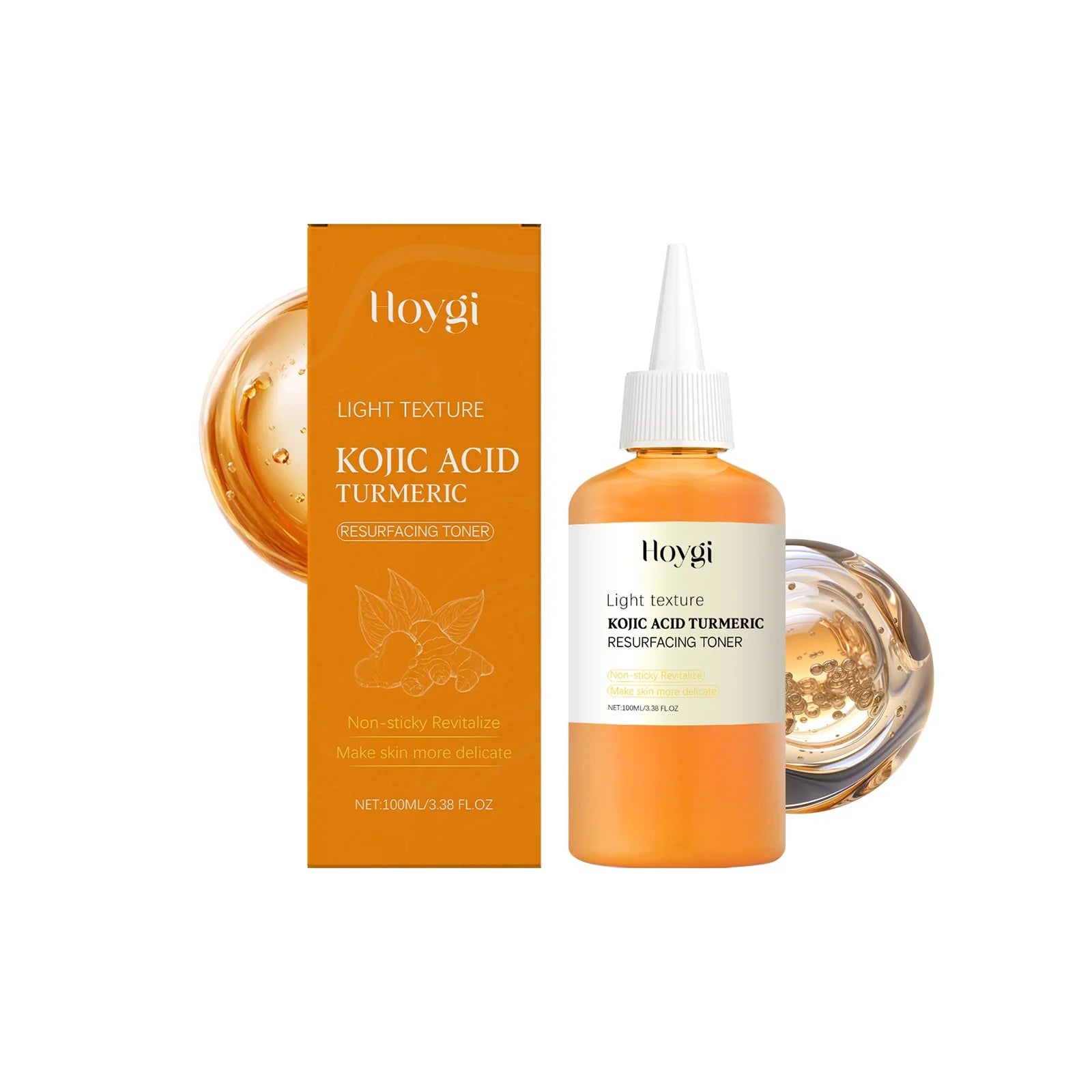 Brightening Kojic Acid Turmeric Toner packaging and bottle featuring a light texture for refreshing skincare.