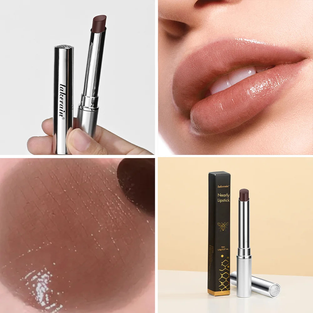 Long Lasting Moisturizing Lipstick in sleek packaging, showing glossy application on lips and swatch on skin.