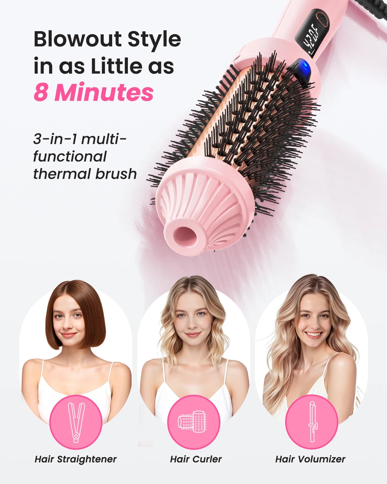 Dual Voltage Ionic Thermal Brush features 3-in-1 styling for hair straightening, curling, and volumizing in just 8 minutes.
