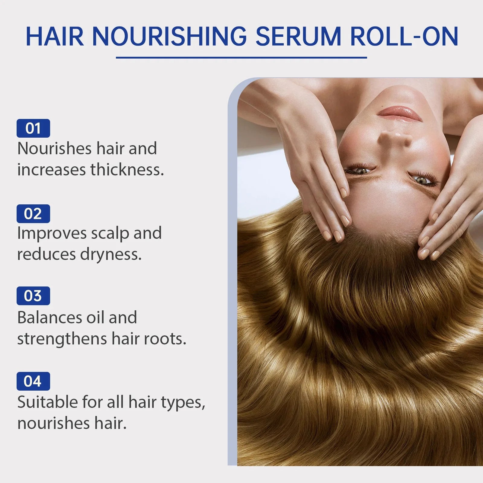 Aparthy Hair Growth Roll on Serum details benefits for nourishing hair, improving scalp, balancing oil, suitable for all hair types.