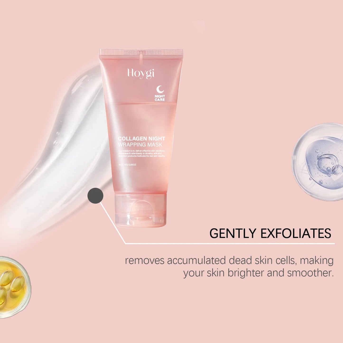 Collagen Night Wrapping Sleeping Mask tube with description about gentle exfoliation for smoother, brighter skin.