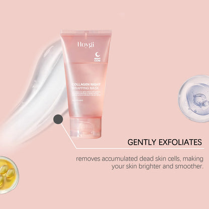 Collagen Night Wrapping Sleeping Mask tube with description about gentle exfoliation for smoother, brighter skin.