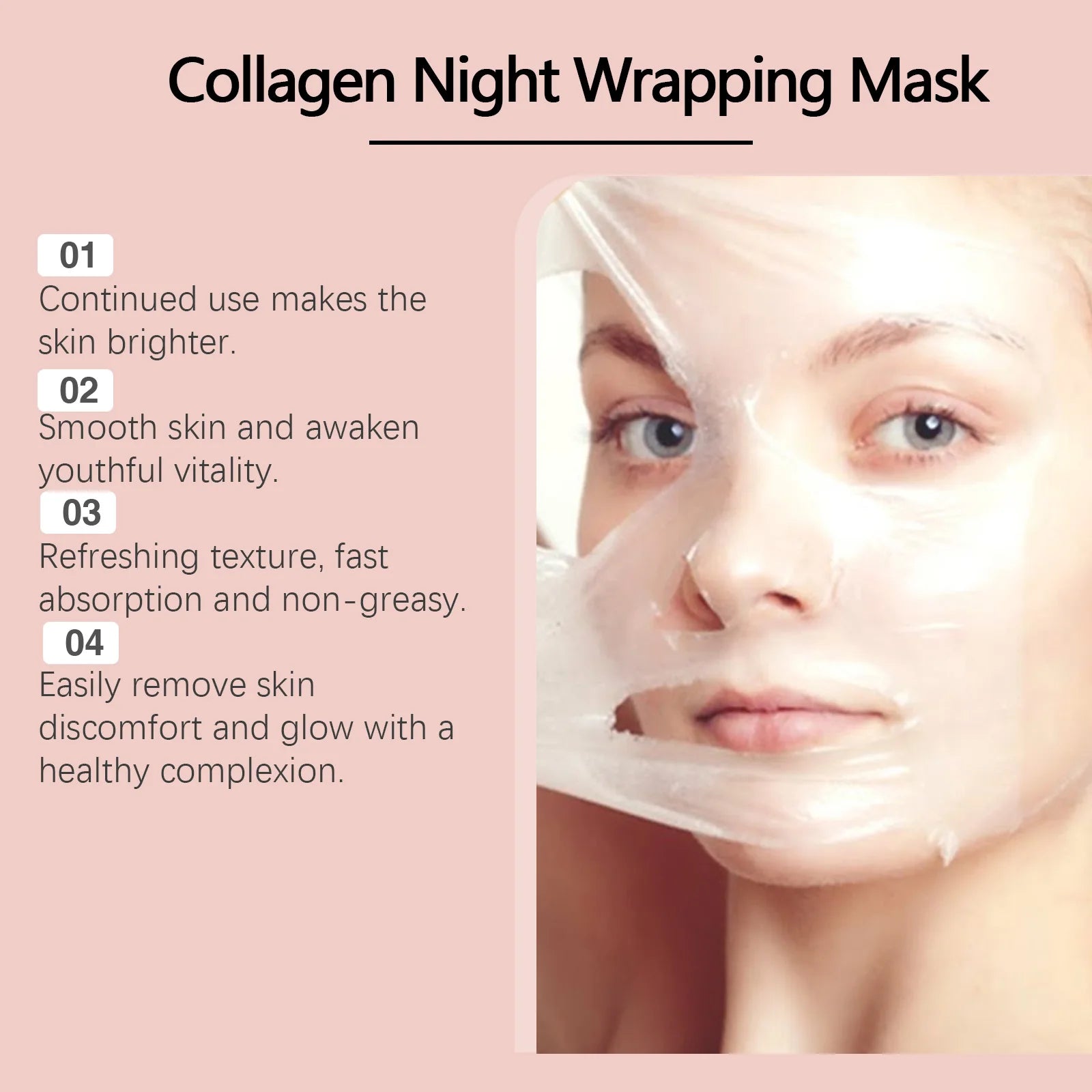 Collagen Night Wrapping Sleeping Mask features key benefits including brightening skin, smoothing texture, and hydrating overnight.