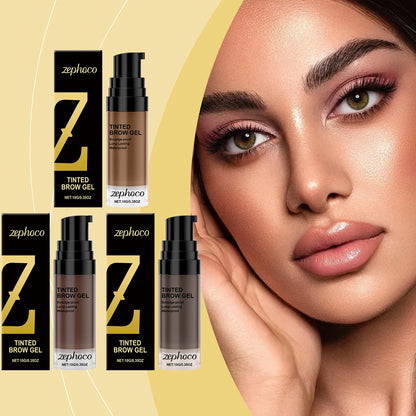 Zephoco Tinted Waterproof Eyebrow Cream showcased with a model, highlighting natural brows and various shades.