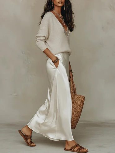 Elena  Midi Satin Dress with Included Sweater