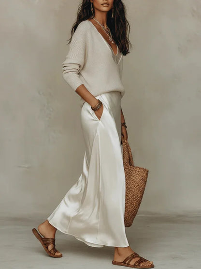 Elena  Midi Satin Dress with Included Sweater