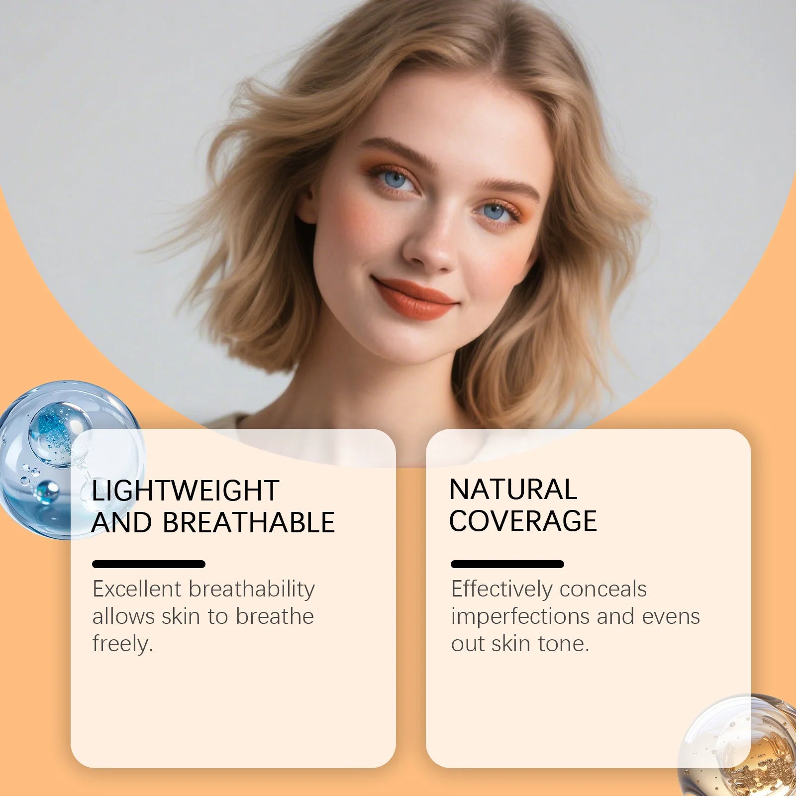 Lightweight Concealer Hydrating Liquid Foundation presentation showing breathable formula and natural coverage benefits.