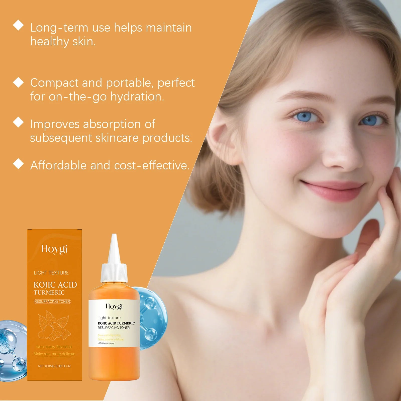 Brightening Kojic Acid Turmeric Toner product benefits with a woman displaying healthy skin and hydration.