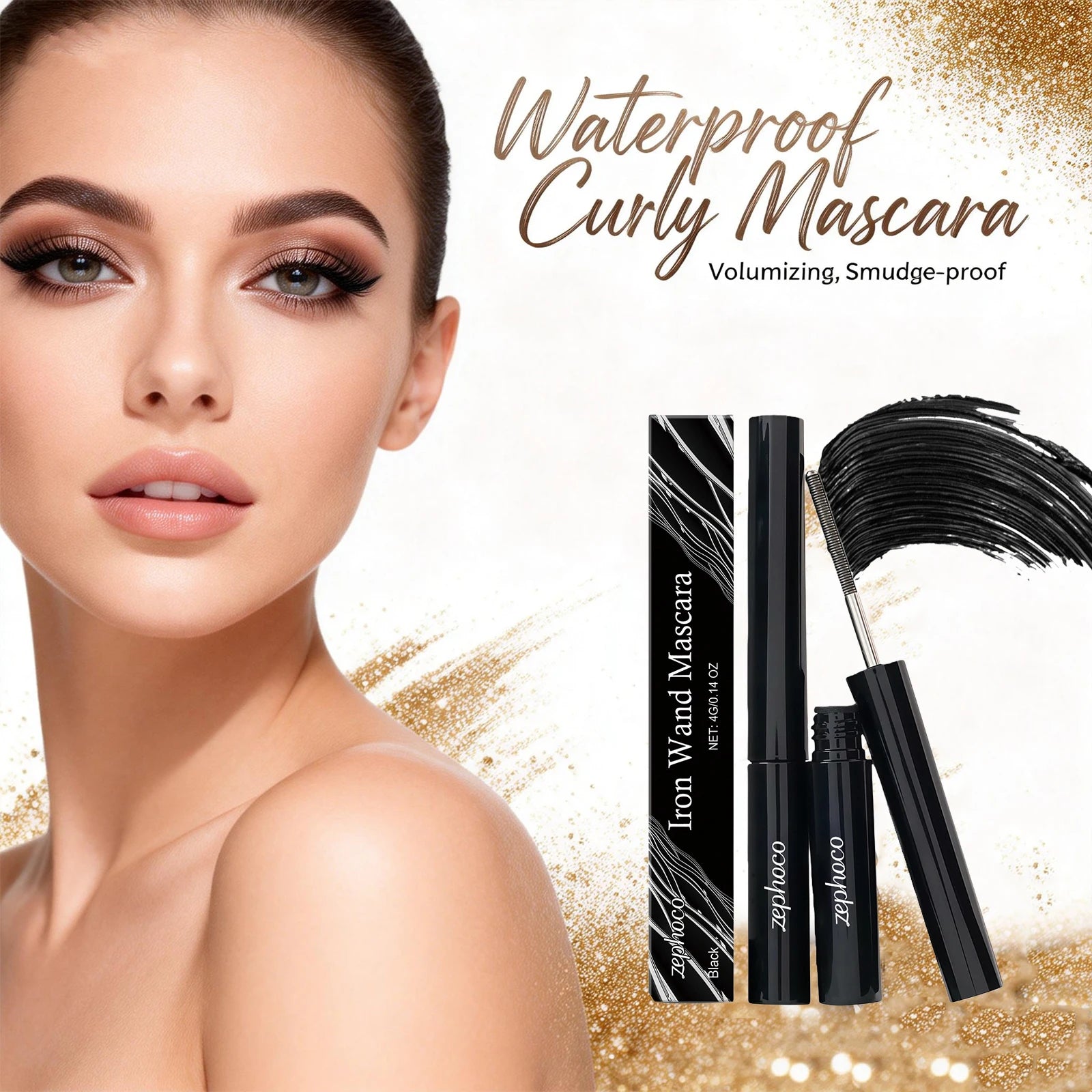 Blaire Iron Wand Lengthening & Curling Mascara next to a model with stunning eye makeup and voluminous lashes.