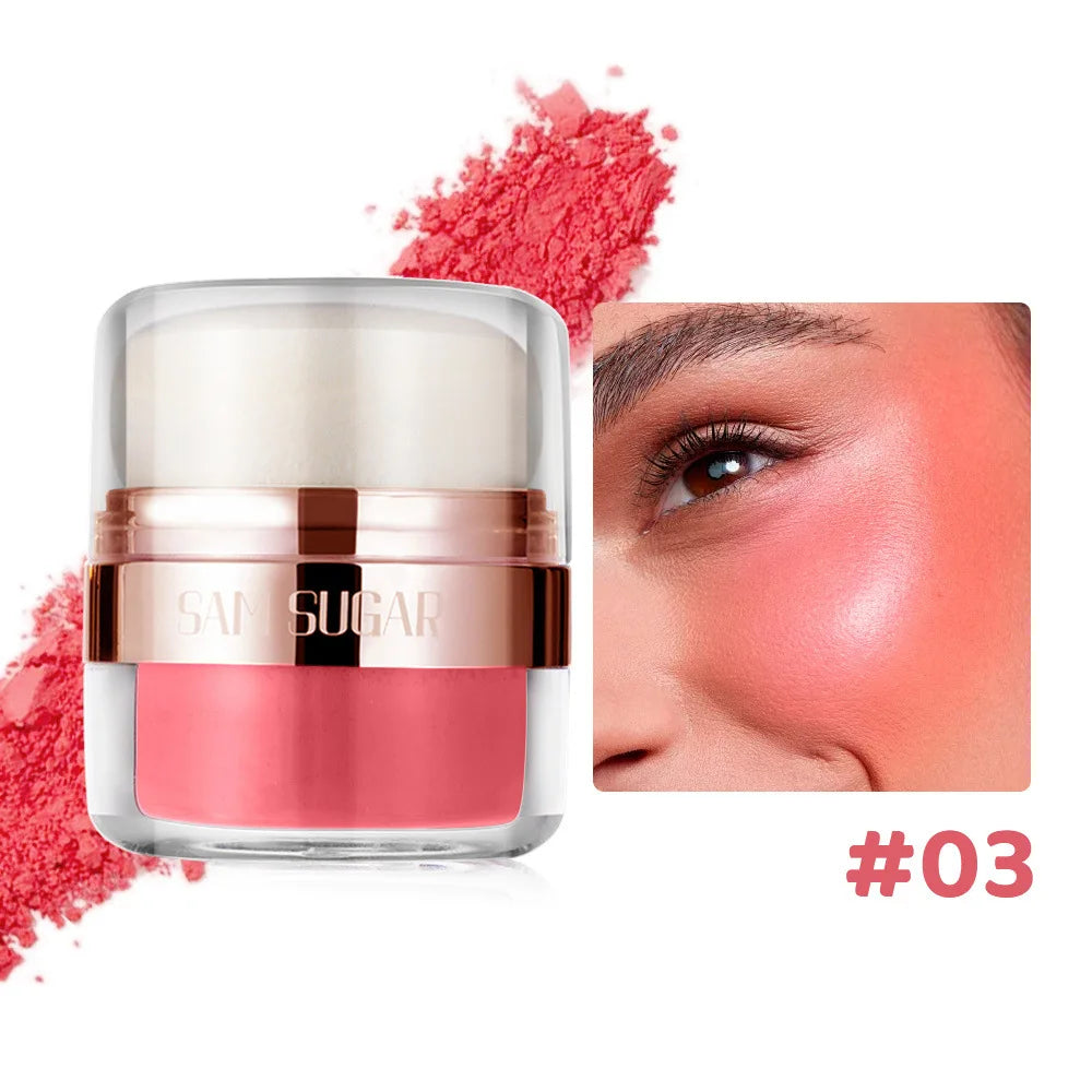 6 Color Air Cushion Blush Silky Smooth Matte Eye Shadow in shade #03 with a model showcasing a radiant blush finish.