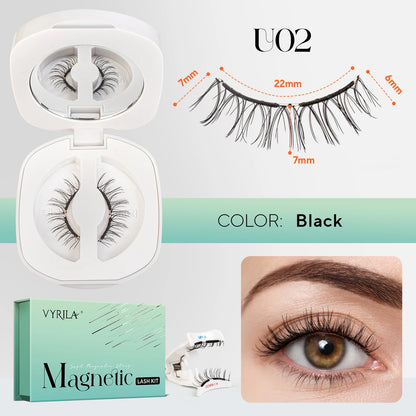 Magnetic Eyelashes Reusable Natural Look False Lashes in black with applicator and eye close-up.