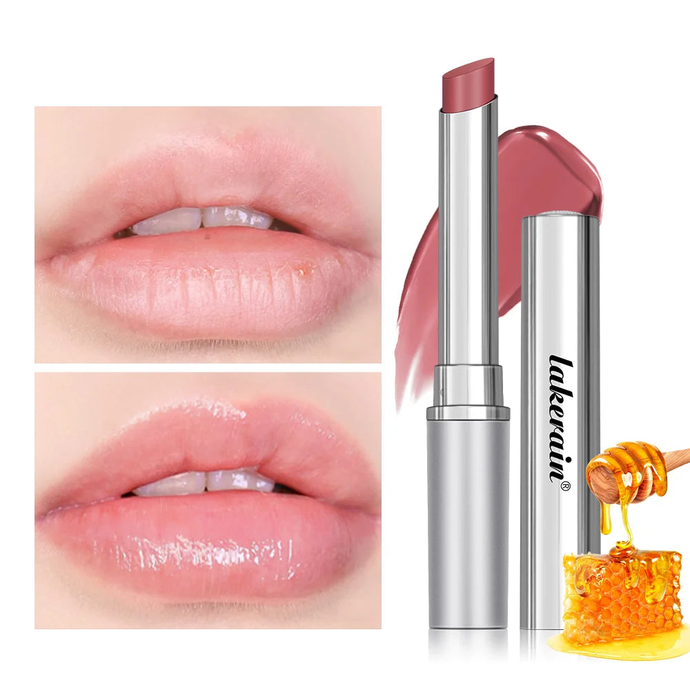 Long Lasting Moisturizing Lipstick in a glossy finish with before and after lip enhancement results.