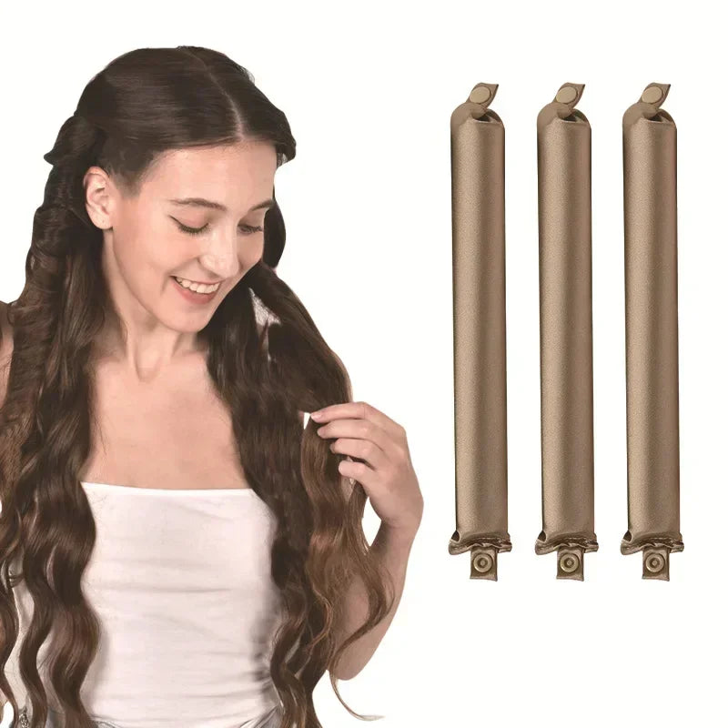 Heatless Hair Curler Curling Rod Headband shown with a woman creating curls and three curling rods.