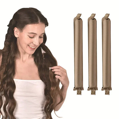 Heatless Hair Curler Curling Rod Headband shown with a woman creating curls and three curling rods.