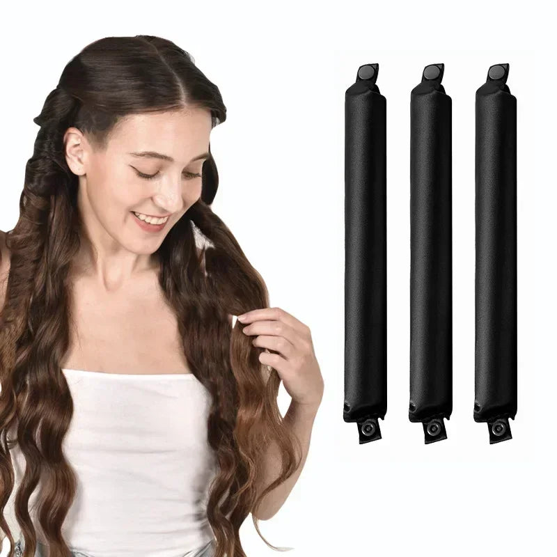 Smiling woman with long, wavy hair using Heatless Hair Curler Curling Rod Headband beside three curling rods.