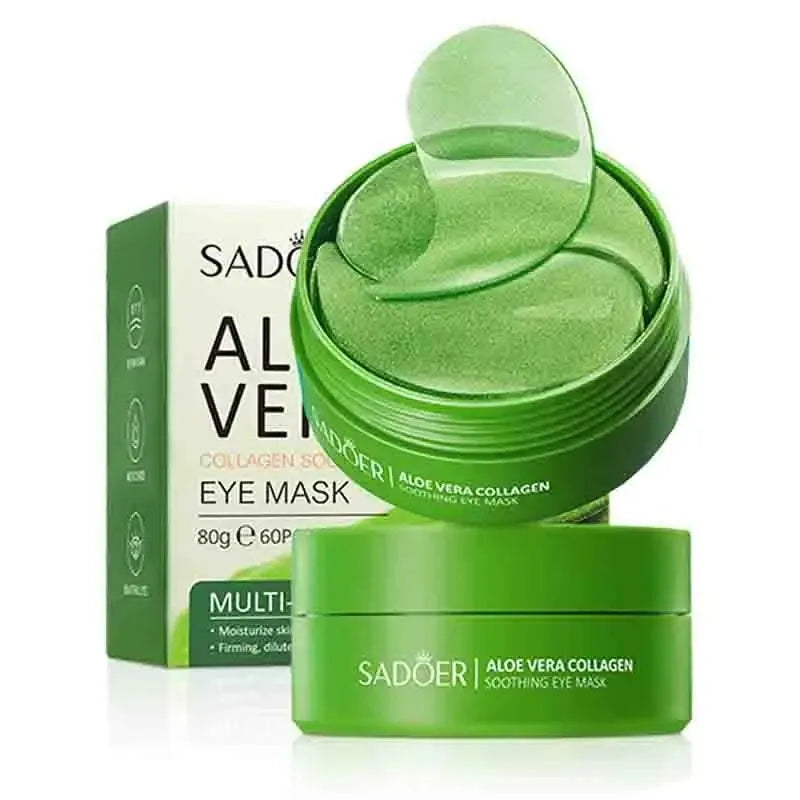 Aloe Vera Collagen Eye Mask for Dark Circles & Puffiness in a green jar with a lid and a soothing eye mask.