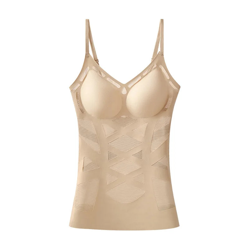 Seamless Mesh Cross Back Vest Women's Shapewear in a nude color, featuring adjustable straps and a supportive design.