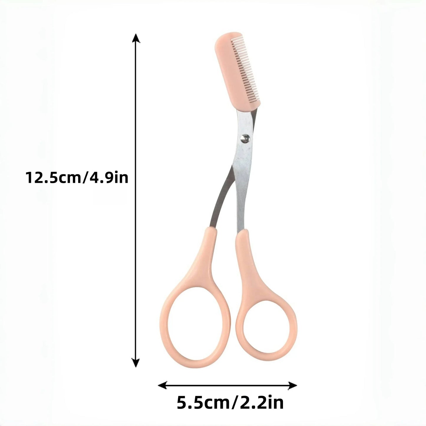 Eyebrow Trimming Scissors with Built-in Comb displayed with dimensions 12.5cm x 5.5cm for precise eyebrow grooming.