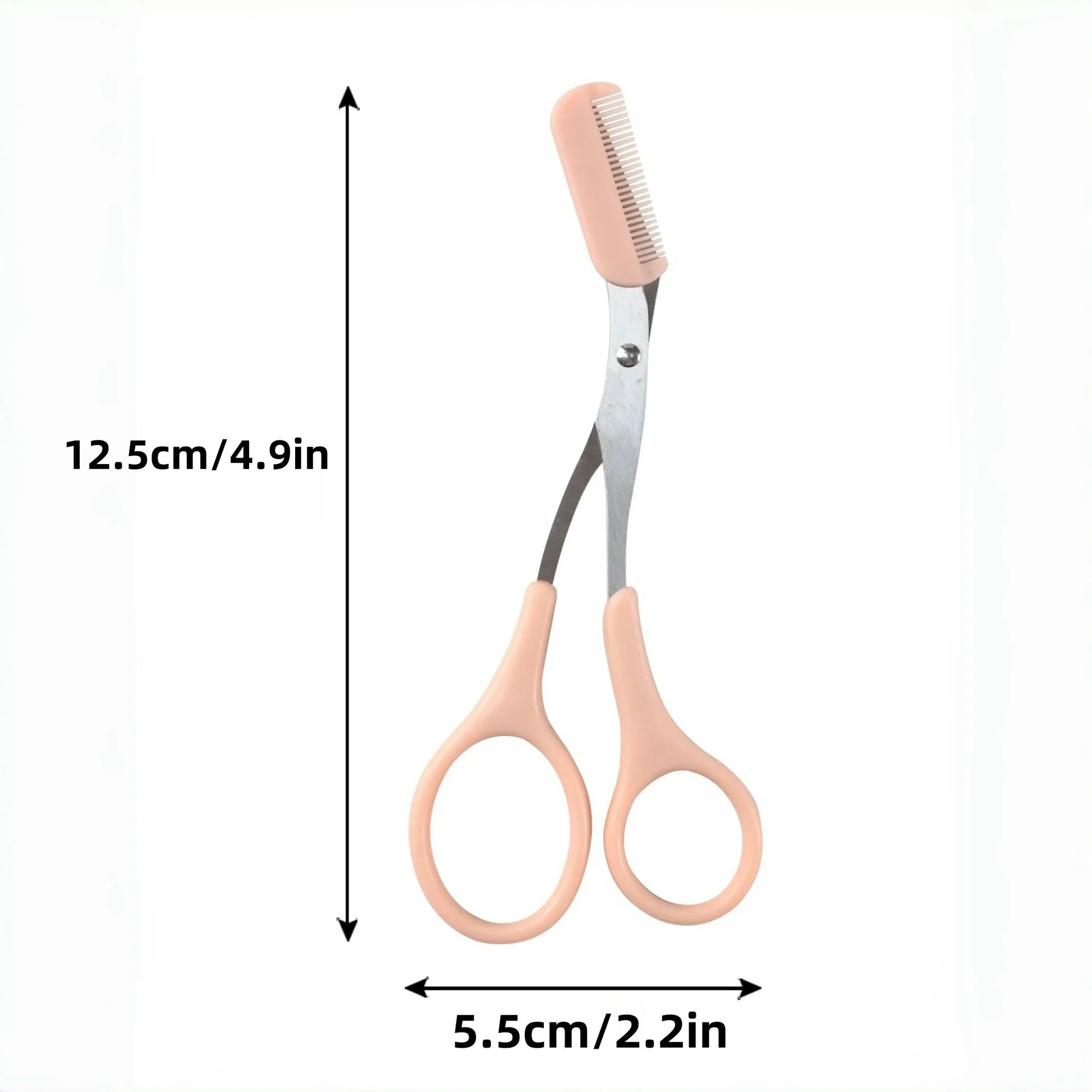 Eyebrow Trimming Scissors with Built-in Comb displayed with dimensions 12.5cm x 5.5cm for precise eyebrow grooming.