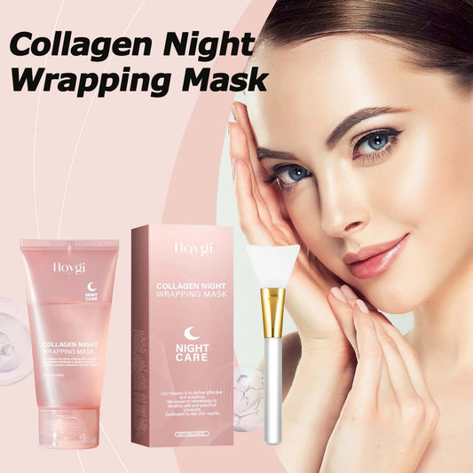 Collagen Night Wrapping Sleeping Mask displayed with model showcasing glowing skin and product packaging.