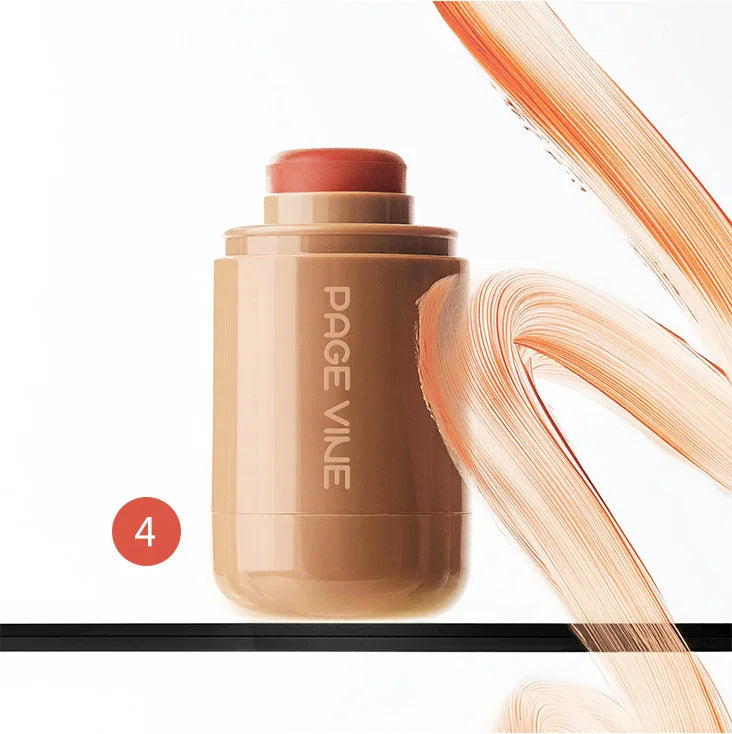 3-in-1 Cheek Lip Tinted Moistured Blush in a tube with swatches of color beside it.