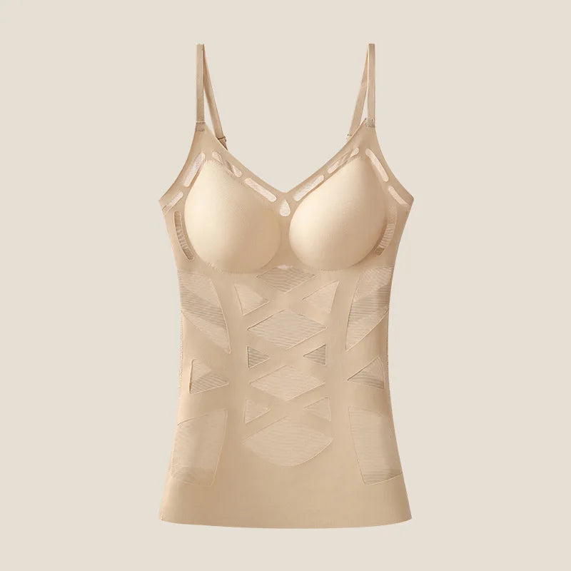 Seamless Mesh Cross Back Vest Women's Shapewear in nude color featuring supportive design and adjustable straps.