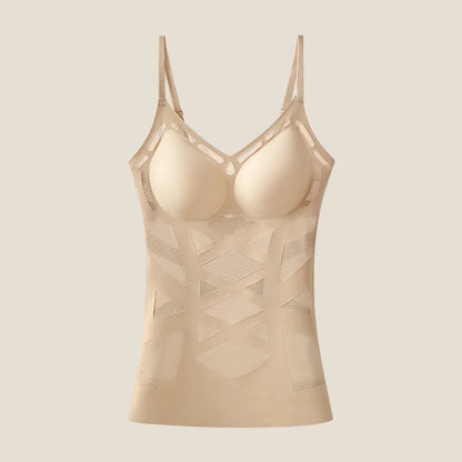 Seamless Mesh Cross Back Vest Women's Shapewear in nude color featuring supportive design and adjustable straps.